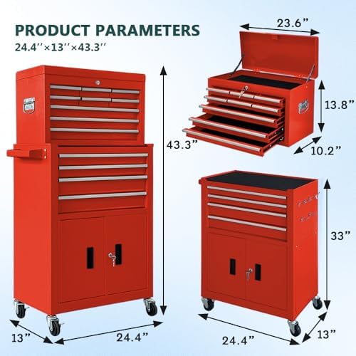 13-Drawer Rolling Tool Chest with Double Doors, 2 in 1 Detachable Rolling Tool Chests, Metal Standing Tool Cabinet with Lock, Large Toolbox for Garage Workshop, Gift for Christmas-Red - Image 2