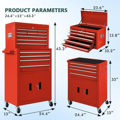 13-Drawer Rolling Tool Chest with Double Doors, 2 in 1 Detachable Rolling Tool Chests, Metal Standing Tool Cabinet with Lock, Large Toolbox for Garage Workshop, Gift for Christmas-Red - Image 2