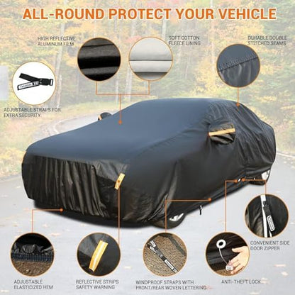 Tecoom All Weather Car Cover Waterproof Windproof Hail Protector with Fleece Lining & Zipper Door, UV Sun Protection, Fit for Sedan (170"–190"), Black - Image 2