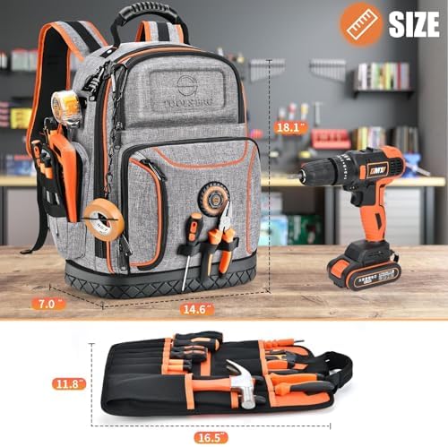 Tool Backpack Bag, Durable Electrician Backpack Tool Bag for HVAC with Waterproof Molded Base, Construction Work Heavy Duty Tools Organizer Bags with Combination Lock Large-Gray - Image 3