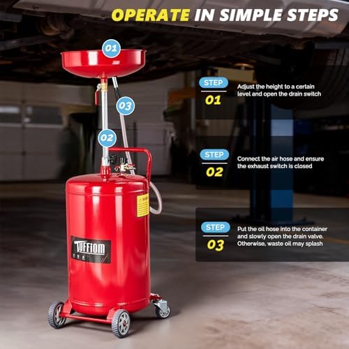 TUFFIOM 20 Gallon Waste Oil Drain Tank with Wheels & Handle, Adjustable Funnel Height Air-Operated Oil Drainer, Large Capacity Leak-Proof Oil Drain Container for Auto Fluids, Garage, Red - Image 7