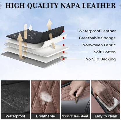 Coverado Front Seat Covers, Car Seat Protector, Waterproof Nappa Leather Cushion, Fit for Most Sedans SUV Pick-up Truck-Black&Coffee - Image 6