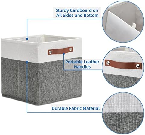 Temary Cube Storage Bins 4 Pack Storage Cubes 11?11 Fabric Storage Bins Foldable Cube Storage Baskets with Handles, Collapsible Storage Basket for Shelf (White & Grey, 11 x 11 x 11) - Image 3