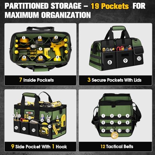 18-Inch Heavy Duty Tool Bag, 19-Pockets Tool Box Organizer, Portable Toolbag W/Soft Handle for Organized Storage, Mechanic Gifts for Men Dad Husband Fathers Day, Wide Mouth Electrician Toolbox, Green - Image 3