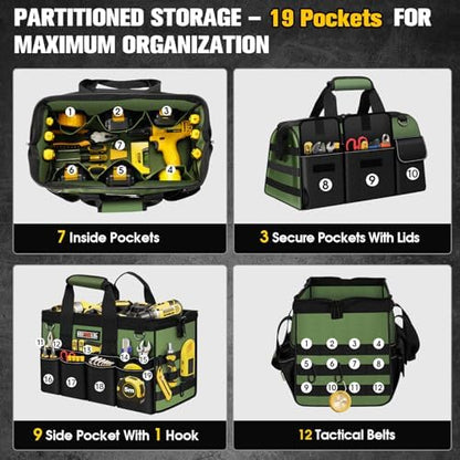 18-Inch Heavy Duty Tool Bag, 19-Pockets Tool Box Organizer, Portable Toolbag W/Soft Handle for Organized Storage, Mechanic Gifts for Men Dad Husband Fathers Day, Wide Mouth Electrician Toolbox, Green - Image 3