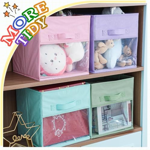 Marsui 12 Pcs Clear Cube Storage Bins Pink Collapsible Kids Storage Bins Fabric Classroom Organizer with Window for Kid Playroom Room Daycare Nursery(Pastel) - Image 5