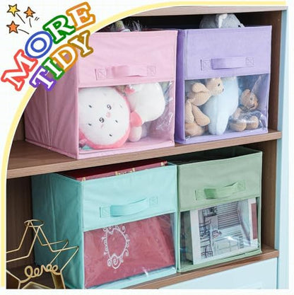 Marsui 12 Pcs Clear Cube Storage Bins Pink Collapsible Kids Storage Bins Fabric Classroom Organizer with Window for Kid Playroom Room Daycare Nursery(Pastel) - Image 5