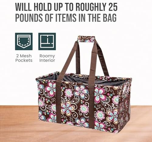 Extra Large Utility Tote Bag - Oversized Collapsible Reusable Wire Frame Rectangular Canvas Basket With Two Exterior Pockets For Beach, Pool, Laundry, Car Trunk, Storage - Brown Daisy - Image 6