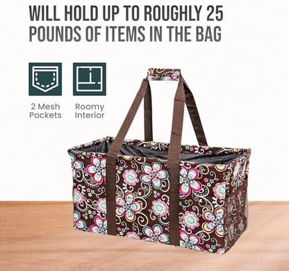 Extra Large Utility Tote Bag - Oversized Collapsible Reusable Wire Frame Rectangular Canvas Basket With Two Exterior Pockets For Beach, Pool, Laundry, Car Trunk, Storage - Brown Daisy - Image 6