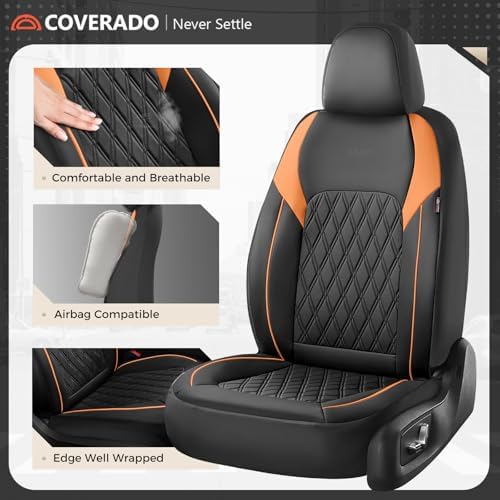 Coverado Seat Covers for Cars, Automotive Seat Covers Front Seats, Waterproof Car Seat Covers, Car Seat Cushion, Faux Leather Car Seat Protector Carseat Cover Universal Fit Most Cars, Black&Orange - Image 4
