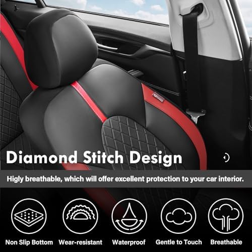 Coverado Red Car Seat Covers Full Set, Waterproof Front Seats Back Seat Cover, Leather Car Seat Cushion Universal Fit for Most Cars - Image 6