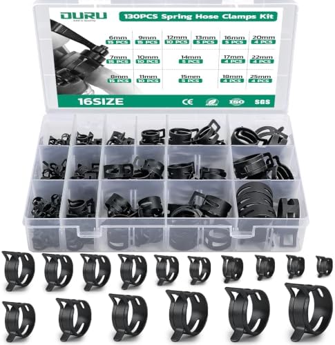 OURU 130PCS Spring Band Hose Clamps Assortment Kit, 6-25mm, 16 Sizes by OURU