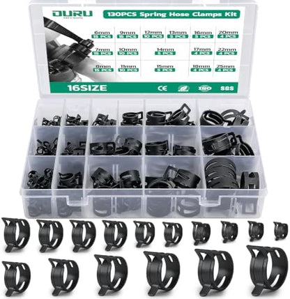 OURU 130PCS Spring Band Hose Clamps Assortment Kit, 6-25mm, 16 Sizes by OURU