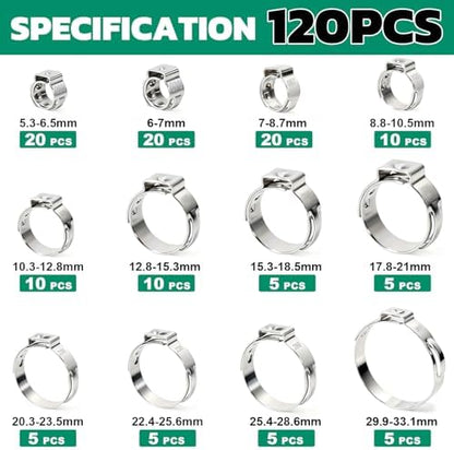 OURU 120PCS Single Ear Hose Clamps Assortment Kit, 5.3-33.1mm, 12 Sizes - Image 2