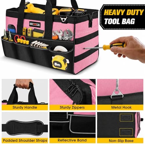 Veitorld 16-Inch Tool Bag Tool Box Organizer, Heavy Duty Tool Organizer with 19 Pockets, Wide Mouth Design for Easy Access, Portable Tool Tote Gift for Women and Men, Garage, Workshop, Pink - Image 5