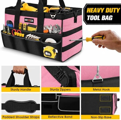 Veitorld 16-Inch Tool Bag Tool Box Organizer, Heavy Duty Tool Organizer with 19 Pockets, Wide Mouth Design for Easy Access, Portable Tool Tote Gift for Women and Men, Garage, Workshop, Pink - Image 5