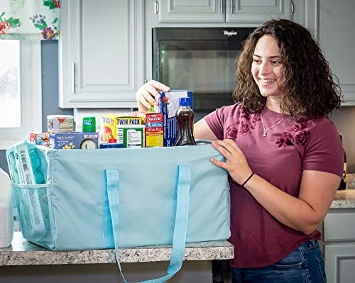 Extra Large Utility Tote Bag - Oversized Collapsible Reusable Wire Frame Rectangular Canvas Basket With Two Exterior Pockets For Beach, Pool, Laundry, Car Trunk, Storage - Light Blue - Image 2