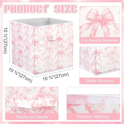 Geelin 6 Pcs Pink Floral Bow Cube Storage Bins 11 in Basket with Handle - Image 2