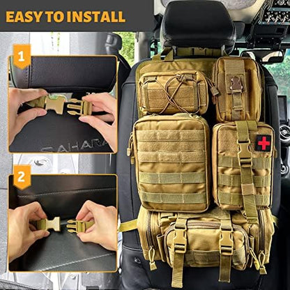 Universal Tactical Seat ​Back Organizer Vehicle Molle Panel Organizer Storage Bag with 5 Detachable Molle Pouch, Khaki - Image 4