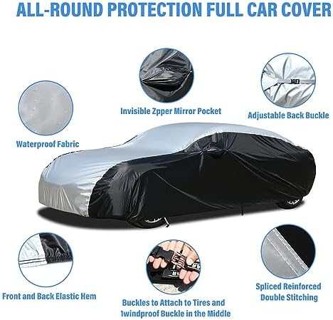 Car Cover Waterproof All Weather, Coverado Outdoor Full Car Covers with Invisible Zipper Mirror Pocket, Rain Sun UV Wind Protection Car Covers for Automobiles Universal Fit for Camaro,etc (183"-193") - Image 3
