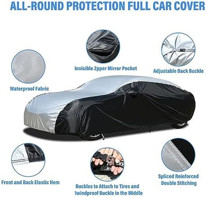 Car Cover Waterproof All Weather, Coverado Outdoor Full Car Covers with Invisible Zipper Mirror Pocket, Rain Sun UV Wind Protection Car Covers for Automobiles Universal Fit for Camaro,etc (183"-193") - Image 3