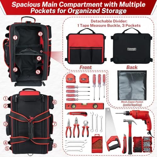 MELOTOUGH Rolling Tool Bag with Wheels, Heavy Duty Large Tool Bag with Concealed Telescoping Handle, Multi-Pocket Organizer for Construction, Electrician, HVAC, Mechanic - 4 Carrying Options (Red) - Image 4