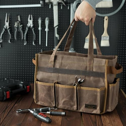 Canvas Tool Tote Bag, Heavy Duty 16oz Waxed Canvas Tool Pouch with Metal Zipper & 12-Pocket | Multi-Purpose Garden Tool Storage Carrier for Gardener Craftsman Contractor | Brownish Grey - Image 6