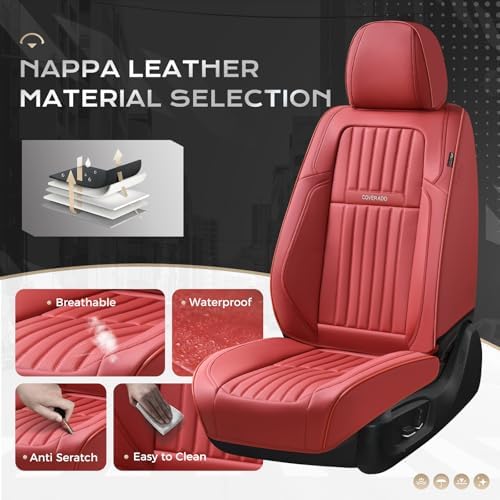 Coverado Car Seat Covers Full Set, Seat Covers for Cars, Car Seat Cover, Car Seat Protector, Leather Car Seat Cushion, Waterproof Car Seat Covers Front Seats and Back Fit for Most Cars(Red) - Image 2