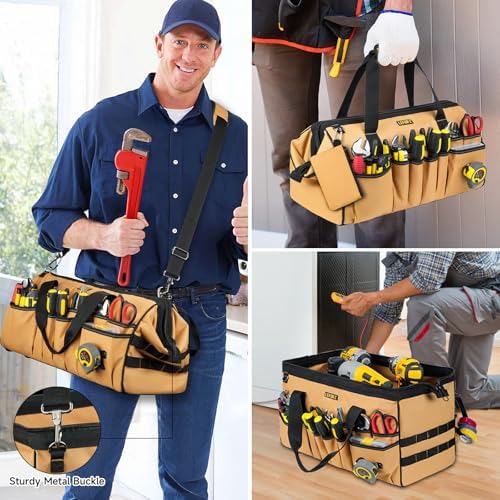 18.5-Inch Tool Bag,43 Pockets Tool Bags for Men,Heavy Duty Tool Box Organizer Storage,Wide Mouth Toolbag Tools Tote Carrying Case for Dad,Mechanic,Electrician,Brown,Bag Only - Image 6