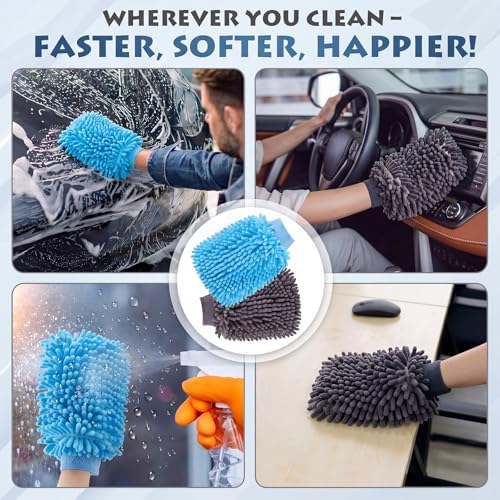 Patelai 30 Pcs Car Wash Mitts Bulk Microfiber Scratch Free Detailing Chenille Car Washing Gloves Hand Double Sided Absorbent Cars Sponge for Washing Cleaning Trucks Boats, 9.45 x 5.9 Inch(Grey,Blue) - Image 6