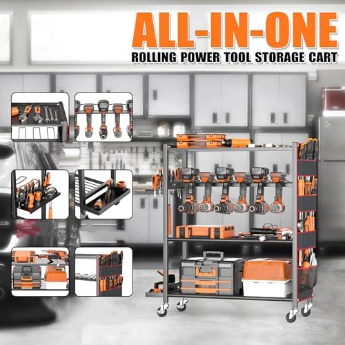 TORACK Rolling Power Tool Storage Cart, 4-Tier Large Drill Organizer with Slots for 12 Drills, Freestanding Cordless Tool Rack with Wheels for Garage & Workshop - Image 3