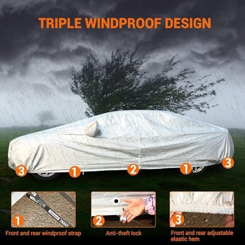 Tecoom Car Cover Waterproof All Weather, 3 Layers Car Covers for Automobiles, Fleece Lining with Zipper Door Lock Full Exterior Covers, Wind Rain Snow Sun Hail Protection Fit for Sedan (191-200 Inch) - Image 4