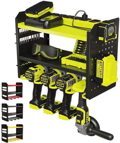 BUILTSTRONG Power Tool Organizer Wall Mount – 3-Tier Heavy-Duty Steel Rack, 4 Drill Slots, Pegboard + Utility Side, 100 lb Capacity – Garage, Workshop & Shed Storage (Green) by BUILTSTRONG