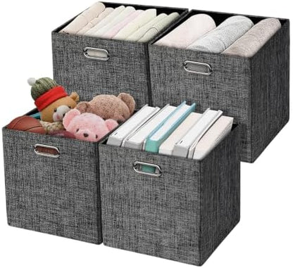 Posprica Fabric Storage Cubes,13×13×13 cube storage bins, Foldable Drawers Baskets Containers for Shelf Cabinet Bookcase,Thick and Heavy Duty (4pcs, Black) by Posprica