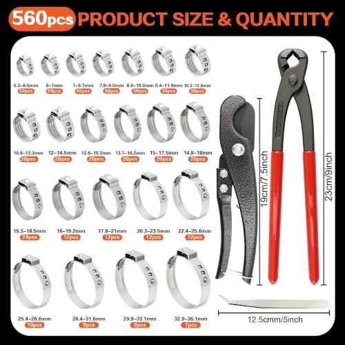 560PCS 304 Stainless Steel Single Ear Stepless Hose Clamps Assortment Kit - Image 2