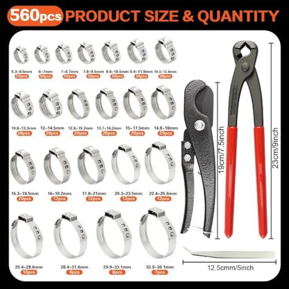 560PCS 304 Stainless Steel Single Ear Stepless Hose Clamps Assortment Kit - Image 2