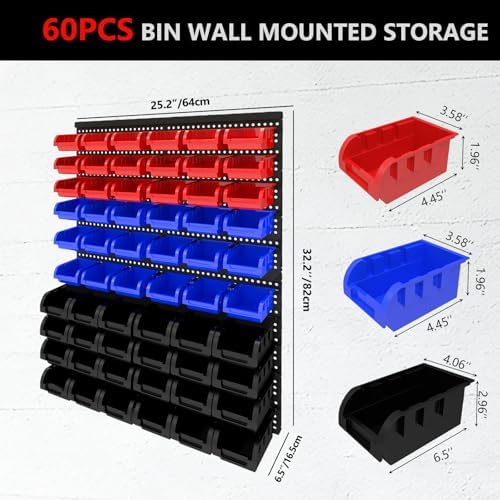 60Pcs Plastic Wall Mounted Storage Bins Parts Rack Nuts And Bolt Bins Organizer For Shop Garage for Screws, Nuts, Bolts, Nails, Beads, and Small Hardware Parts(RED+BLUE+BLACK, 60) - Image 2