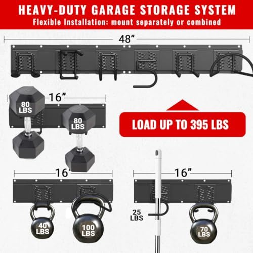 Garage Tool Organizer Wall Mount, Easy to 48inch Install Heavy-Duty Garage Storage System with 6 Adjustable Hooks, Garden Tool Rack for Shovels, Rakes, Yard Tools - Image 2
