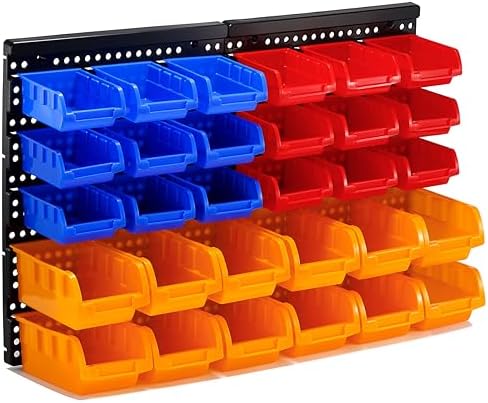 30-Bin Wall Mounted Storage Bins Kit, Tool Organizer Rack, Garage Hardware Organizer, Parts Storage Bins, DIY Combination(Red & Blue & Orange Type) by VEOFEMLEA