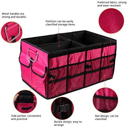 Car Trunk Organizer Collapsible Portable Multi Compartments Organizer with Non Slip Straps for SUV Truck Auto Vehicle Car Auto Minivan(Large without cover, Rose red) - Image 5