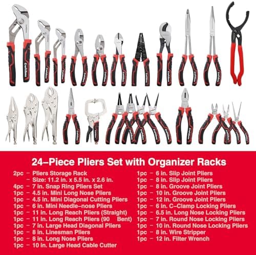 24 PC Pliers Tool Set with Storage Rack, Snap Ring, Needle Nose,Long Reach,Lineman's,Groove Joint and Diagonal Cutting Pliers,Cable Cutter,Wire Stripper for Plyers Home Use, Holiday,Fathers' Day Gift - Image 2