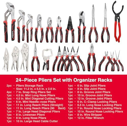 24 PC Pliers Tool Set with Storage Rack, Snap Ring, Needle Nose,Long Reach,Lineman's,Groove Joint and Diagonal Cutting Pliers,Cable Cutter,Wire Stripper for Plyers Home Use, Holiday,Fathers' Day Gift - Image 2