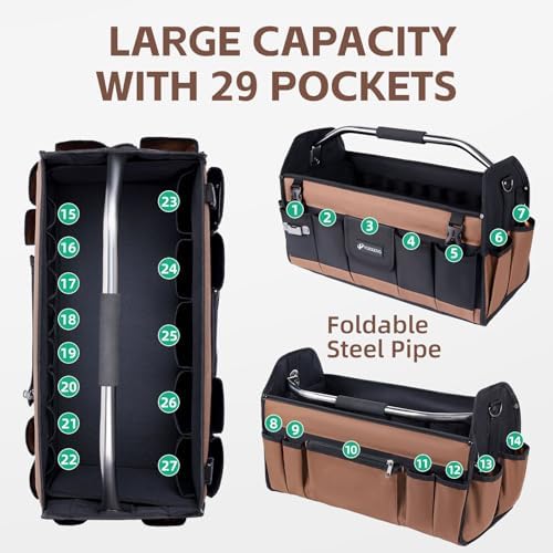 22 Inch Tool Bag, Foldable 19 Pockets Tool Tote Bags with Tool Organizer with Adjustable Shoulder Strap, Easy Carry and Easy Tool Access Open Top Tool Bag - Image 2