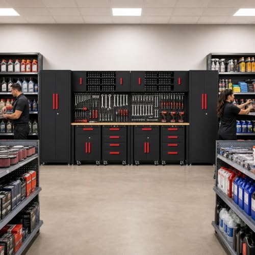 12-PC Heavy Duty Steel Garage Storage Cabinet System & Bench,Red - Image 7