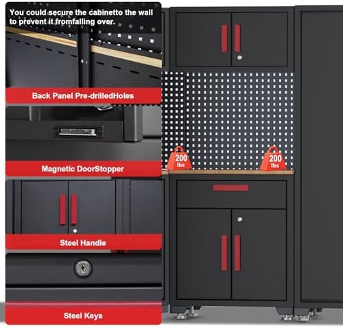 9-Pcs Garage Storage Cabinet System with Steel Cabinet,Red Handle - Image 3
