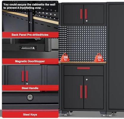 9-Pcs Garage Storage Cabinet System with Steel Cabinet,Red Handle - Image 3