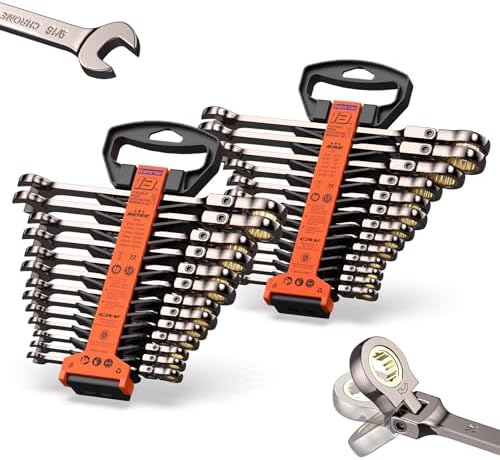 26-Piece Flex head Ratcheting Wrench Set (Metric & SAE), 72 Teeth Combination Wrench Set w/Organizer Rack,Cr-V Steel,6-19mm &1/4-7/8", Black Nickel Handle with Golden Ratchet by KARRYTON