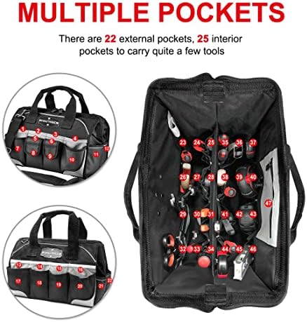 HAUTMEC 16" 47-Pockets Tool Bag, Heavy-Duty 1680D Wide Mouth Tool Organizer with Reinforced Hard Base, Padded Shoulder Strap - HT0183 - Image 4
