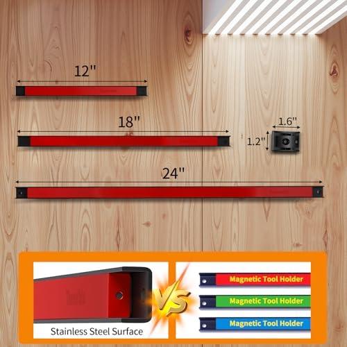 12" Magnetic Tool Holder Strip, 4 Pieces Red Metal Tool Organizer Rack with Stainless Steel Surface, Magnet Bar for Garage Workshop, Easy To Install with Mounting Screws - Image 4