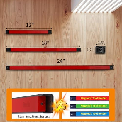 12" Magnetic Tool Holder Strip, 4 Pieces Red Metal Tool Organizer Rack with Stainless Steel Surface, Magnet Bar for Garage Workshop, Easy To Install with Mounting Screws - Image 4
